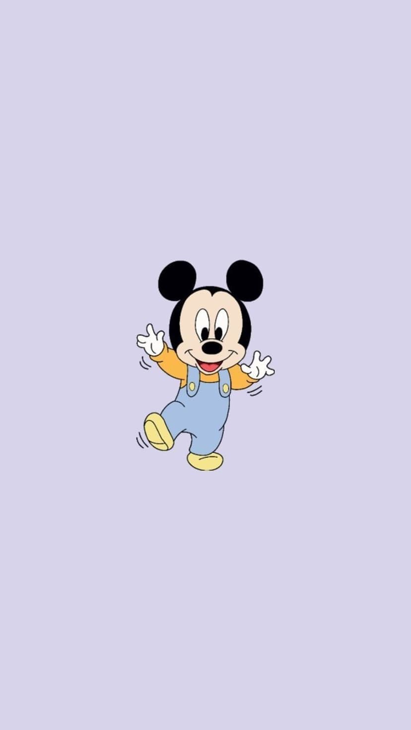 Baby Mickey Mouse wears blue overalls and a bright yellow shirt while dancing on a solid lilac background.