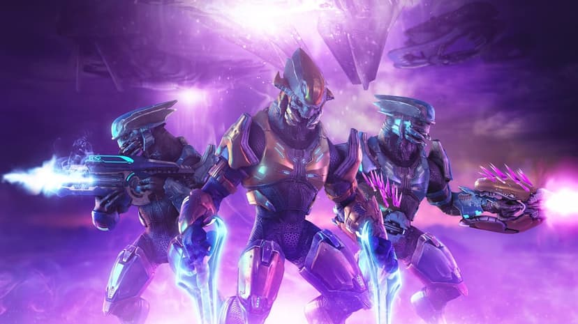 Three Sangheili Elites in combat poses with energy swords and plasma weapons against a purple sci-fi sky.