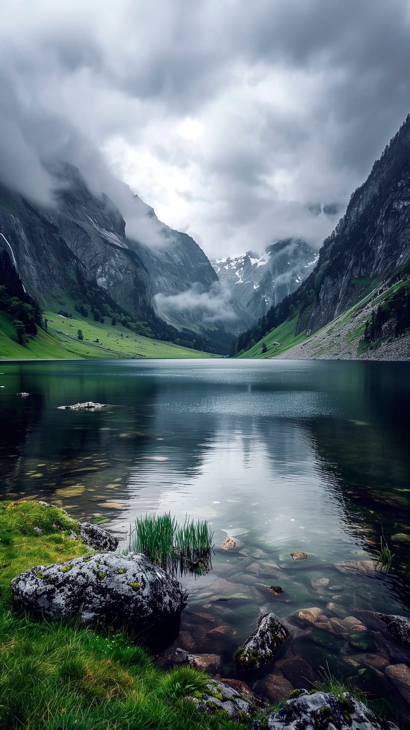 Towering misty mountains reflect in a calm alpine lake with a rocky shore in this vertical nature landscape.