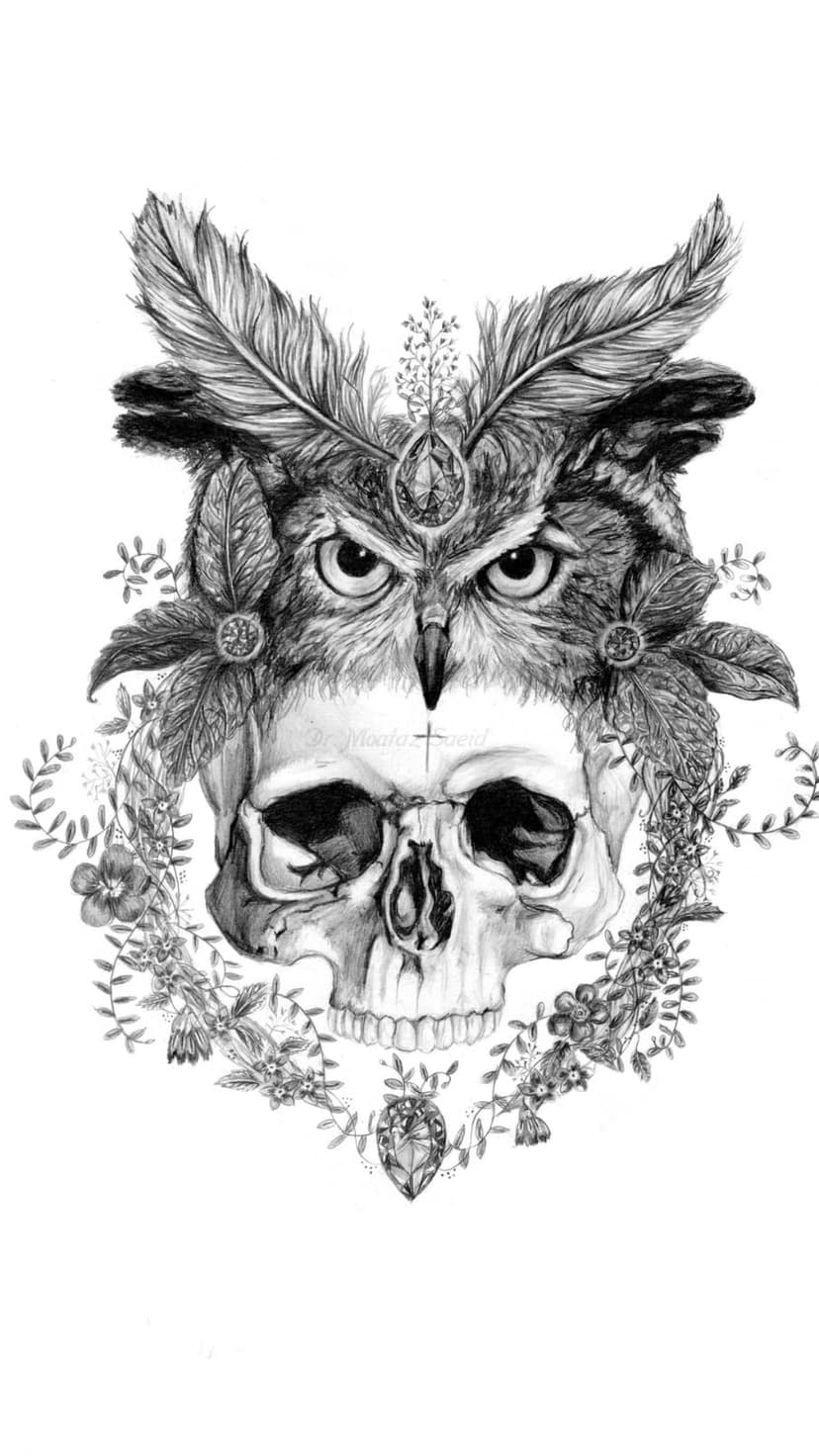 Owl face merging into a human skull surrounded by black and white feathers, flowers, and small sparkling jewels.