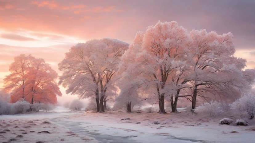 Frost-covered trees stand against a soft pink and purple sunset sky within a vertical snow-covered landscape.