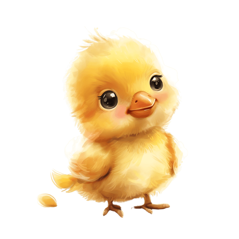 Yellow baby chick standing near a small seed features soft watercolor textures and large expressive eyes.