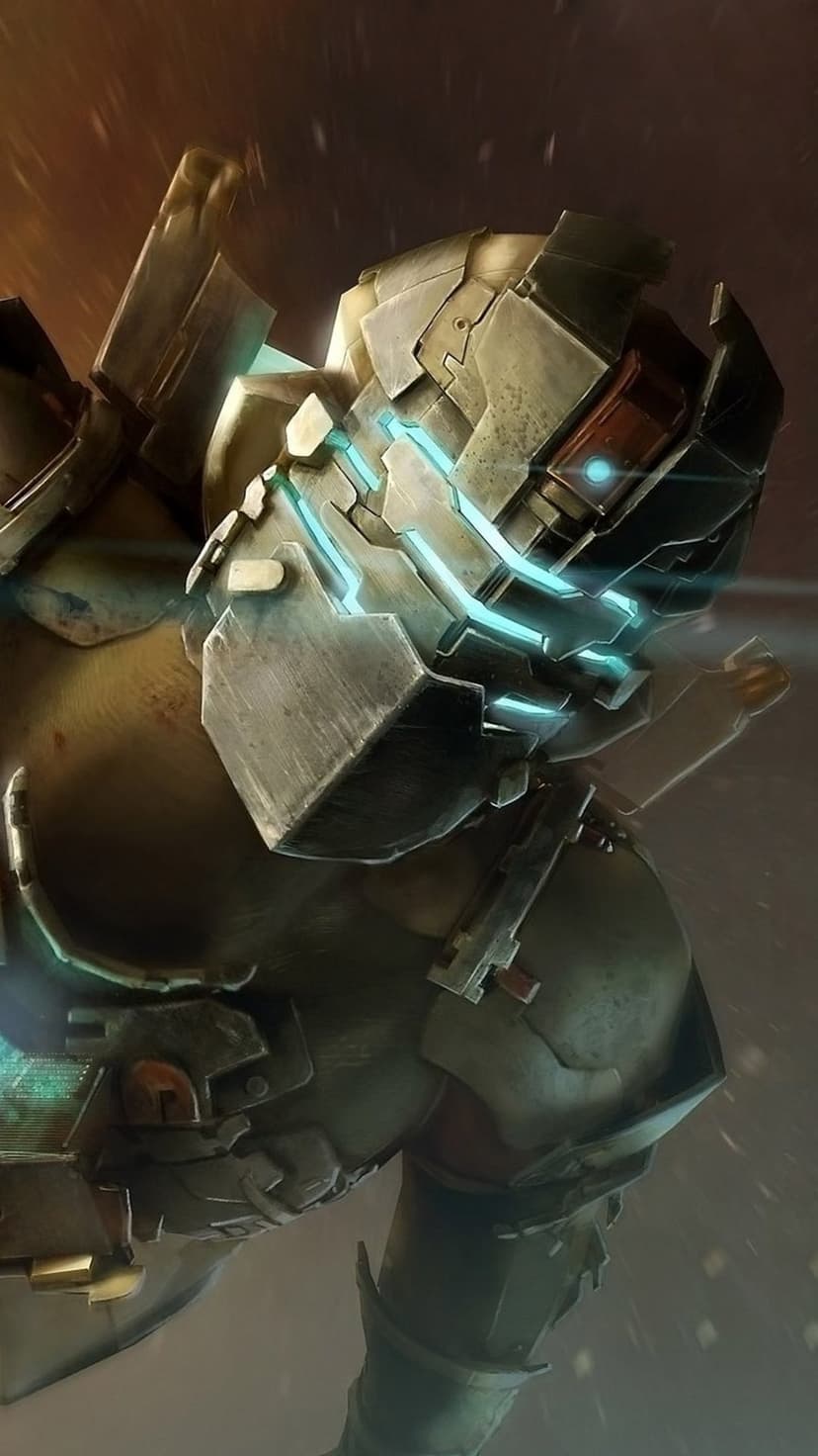 Isaac Clarke in Advanced Suit with glowing blue visor slits and weathered metal plating against a dark background.