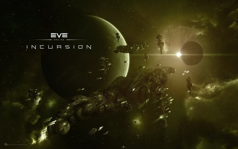 Giant industrial spacecraft fleet drifting through a green nebula near a large planet and bright sun flare.