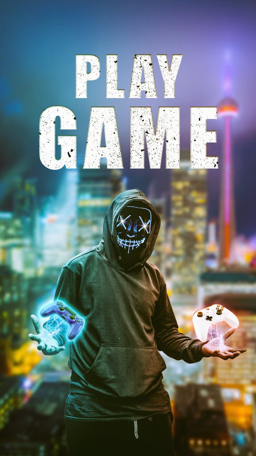 Hooded person with a glowing LED mask holding neon blue and white controllers against a blurred night city tower.