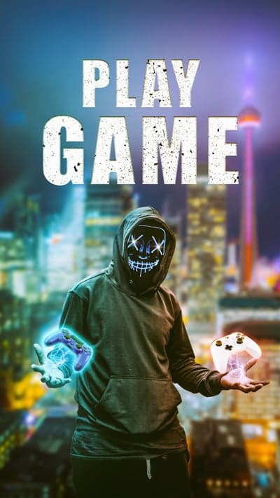 Gamer in LED Mask with Neon Controllers in Cityscape