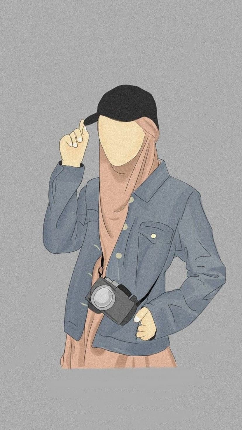 Faceless woman in a pink hijab, denim jacket, and black cap holding a camera against a textured grey backdrop.