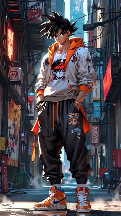 Goku Streetwear Fashion in Urban Neon Alley Mobile Wallpaper