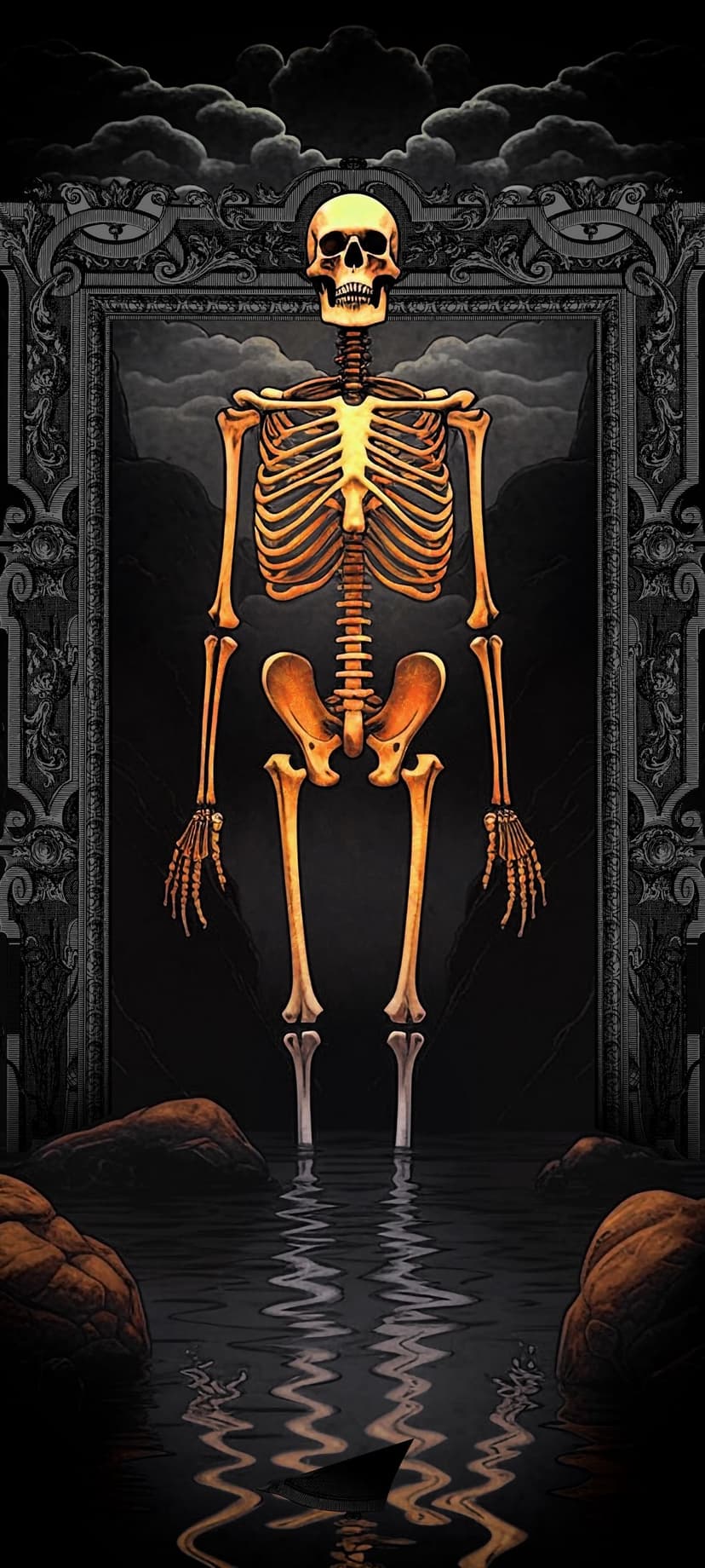 Golden human skeleton standing inside a carved frame with feet submerged in dark rippling water during a storm.