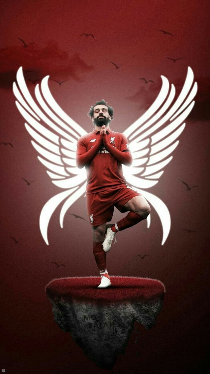 Mohamed Salah in a red kit balances on one leg with white wings against a textured crimson background.