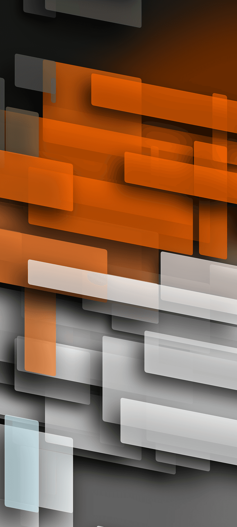 Vibrant orange and translucent white rectangles overlap against a dark gray gradient in a vertical composition.