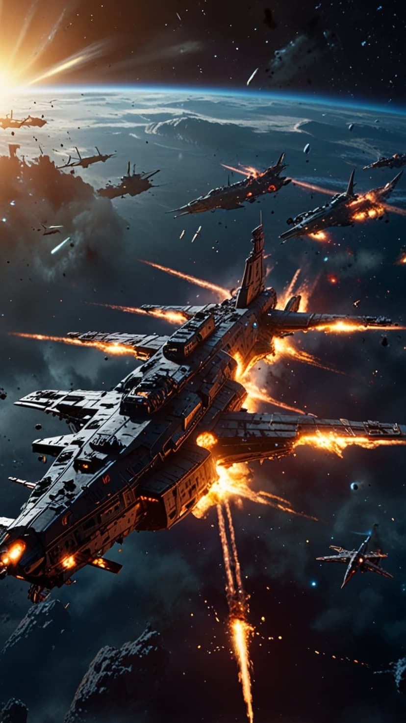 Futuristic battleships exchange glowing laser fire above a blue planet during a chaotic interstellar space war.