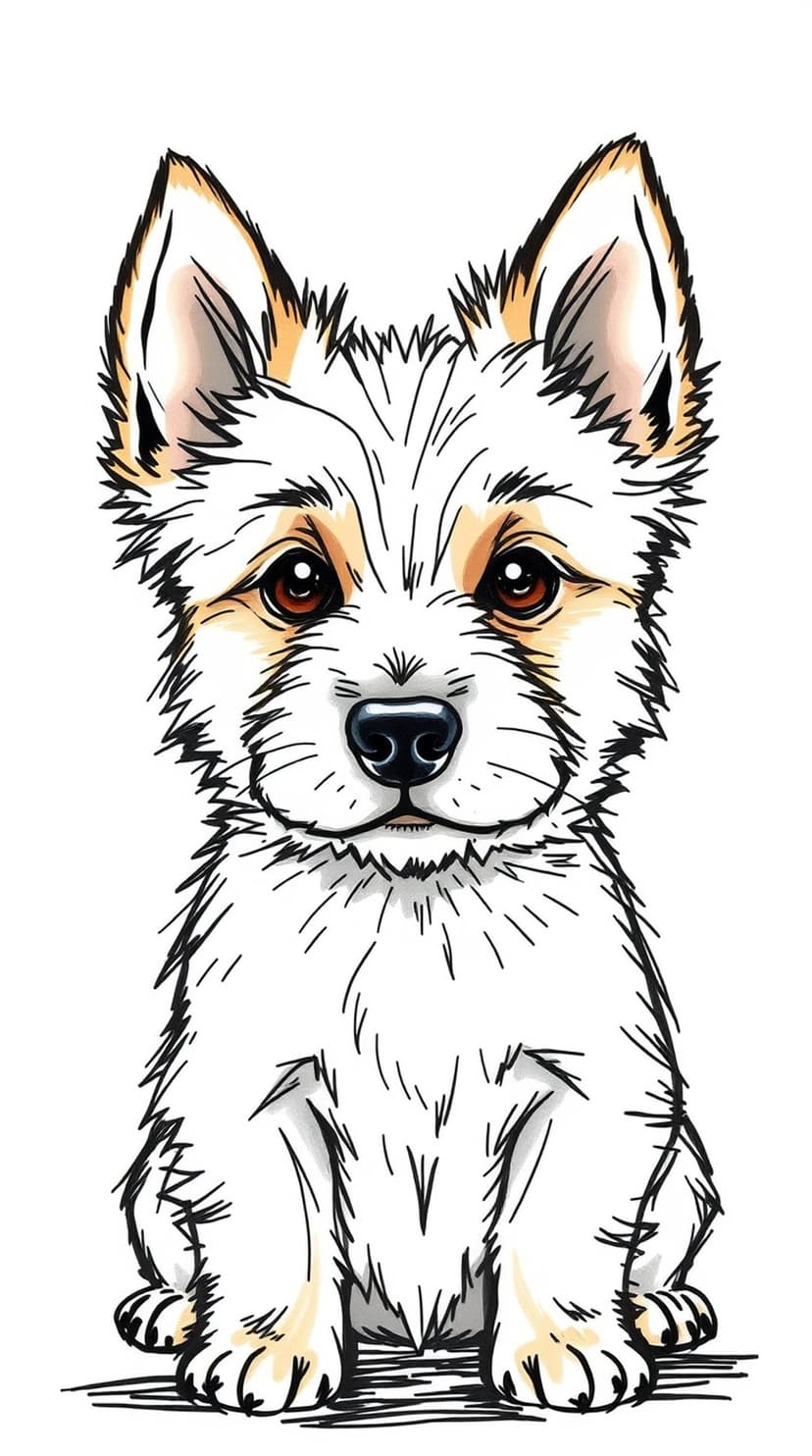 White puppy with expressive brown eyes and floppy ears sits forward with a curious and innocent expression.
