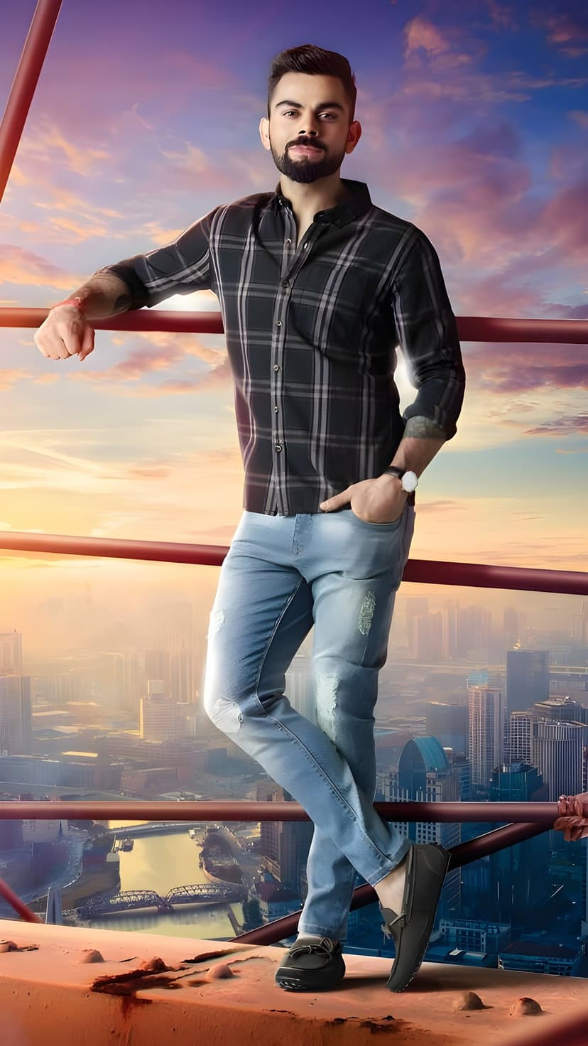 Virat Kohli wearing a checkered shirt and ripped jeans on a rooftop overlooking a golden city sunset skyline.