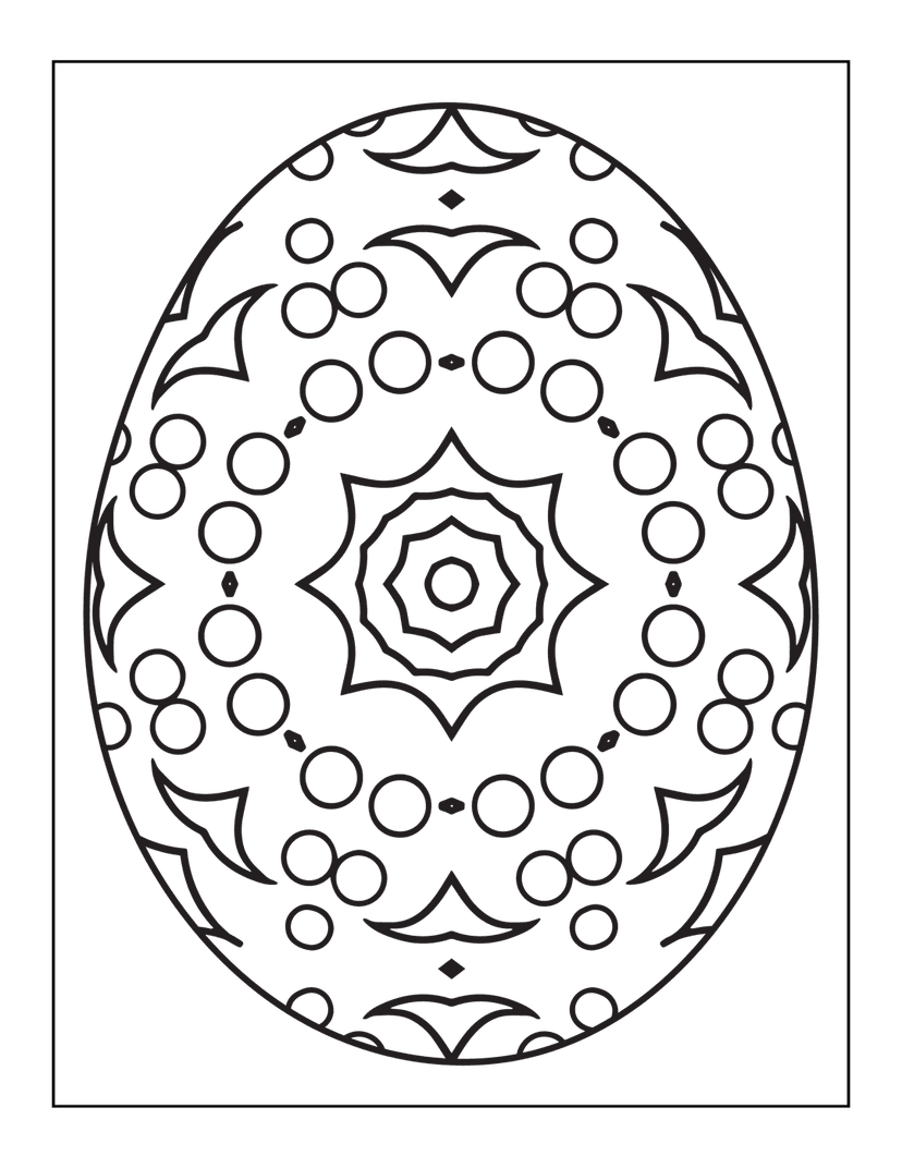 Easter egg mandala line art featuring a symmetrical geometric pattern with floral motifs and a starburst center.