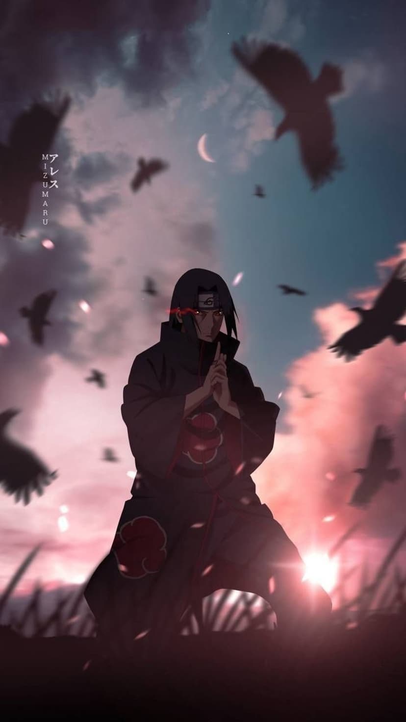 Itachi Uchiha stands in a dark cloak as black crows fly across a crimson sunset sky with a crescent moon.
