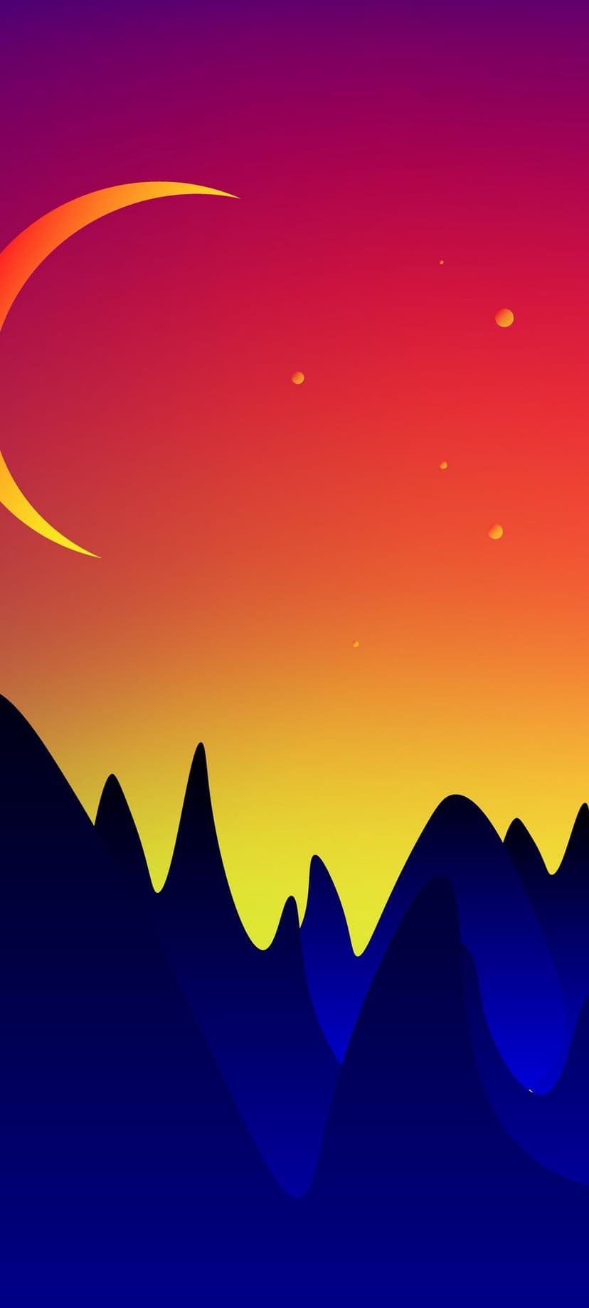 Golden crescent moon glows above jagged dark peaks under a starry violet and orange sky in a vertical view.