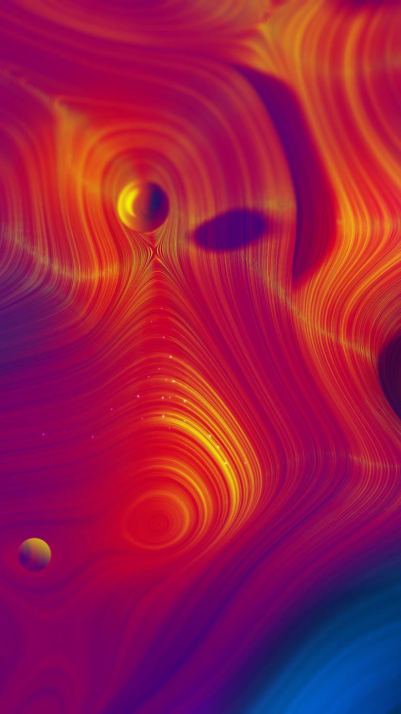 Swirling waves of red, orange, and purple light intertwine with glowing dots and deep blue shadows in a vertical flow.
