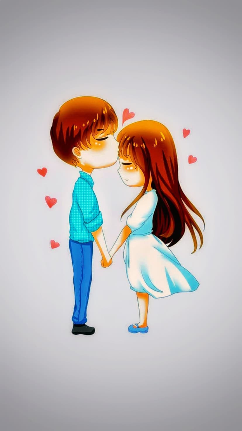 Boy in a checkered shirt kisses a girl's forehead as pink hearts drift around them in a tender moment.
