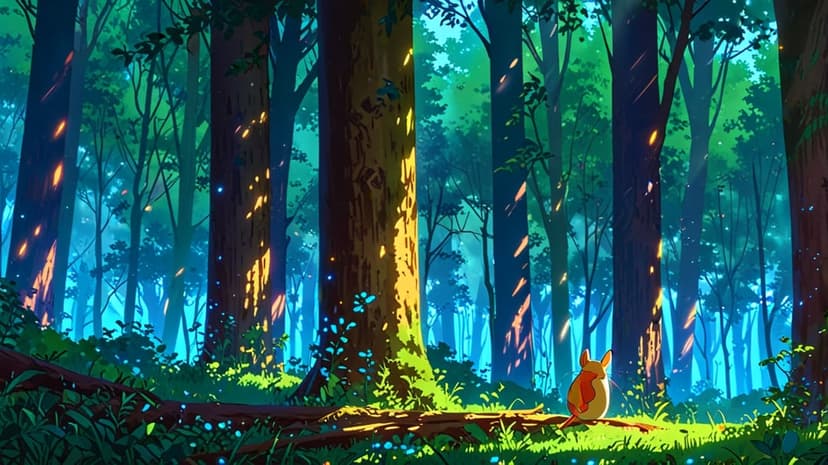 Orange fox sitting in a sunlit green forest with magical blue sparks and golden light rays through trees.