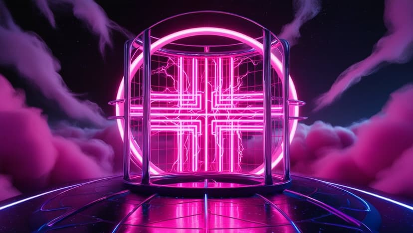 Pink neon geometric cage containing crackling electric bolts and swirling magenta mist against a dark background.