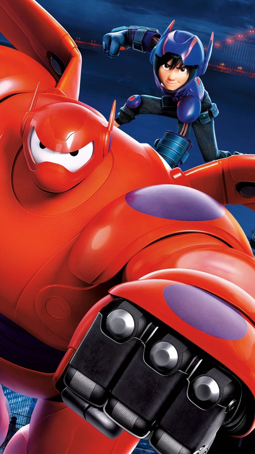 Baymax in red armor and Hiro Hamada in a purple suit pose before a futuristic city skyline during a golden sunset.