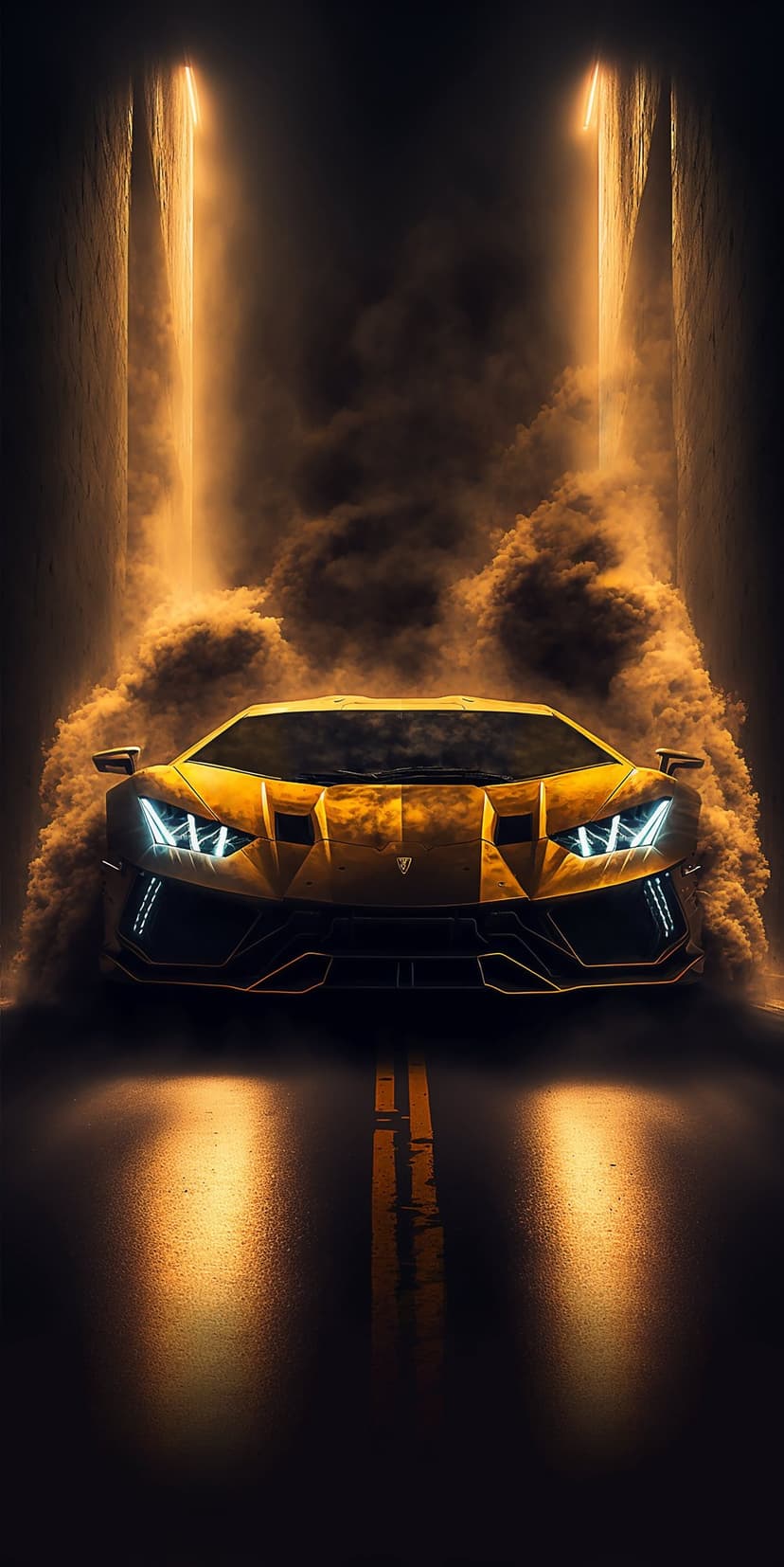 Yellow Lamborghini supercar with glowing headlights driving through thick golden smoke inside a dark tunnel.