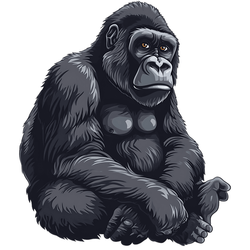Gorilla portrait illustration features detailed black fur texture and intelligent eyes against a dark backdrop.
