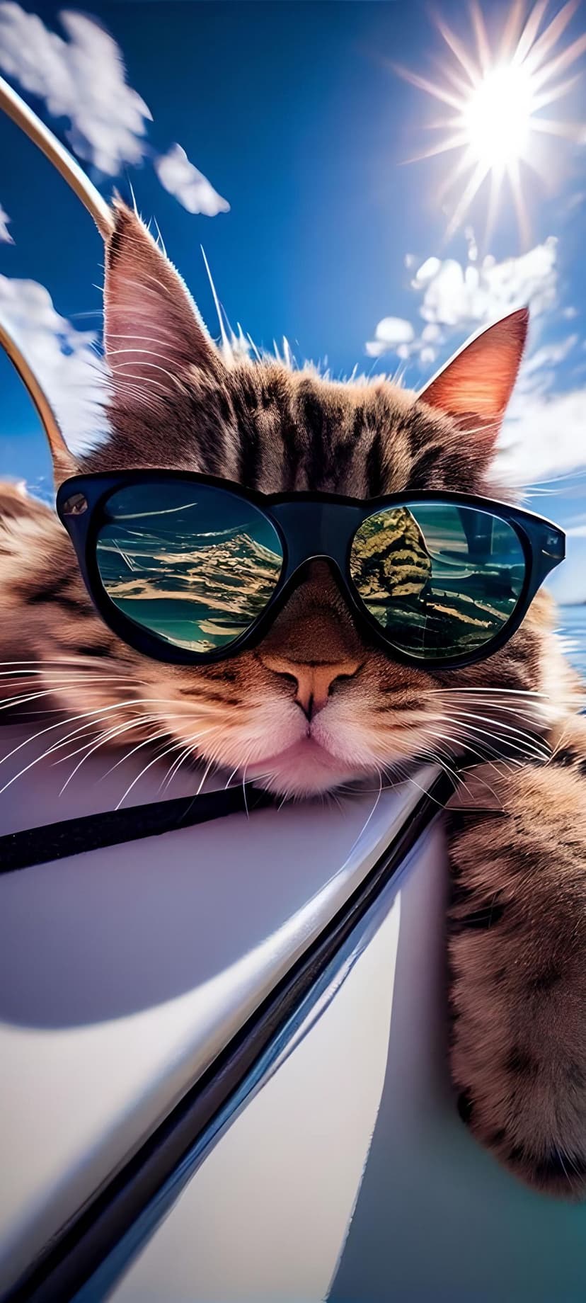 Tabby cat wearing sunglasses reflecting mountains and water while sitting on a boat deck under a bright blue sky.