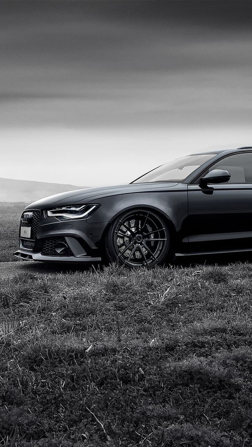 Audi RS6 Avant in a grassy field with sharp LED headlights and large alloy wheels in a grayscale composition.