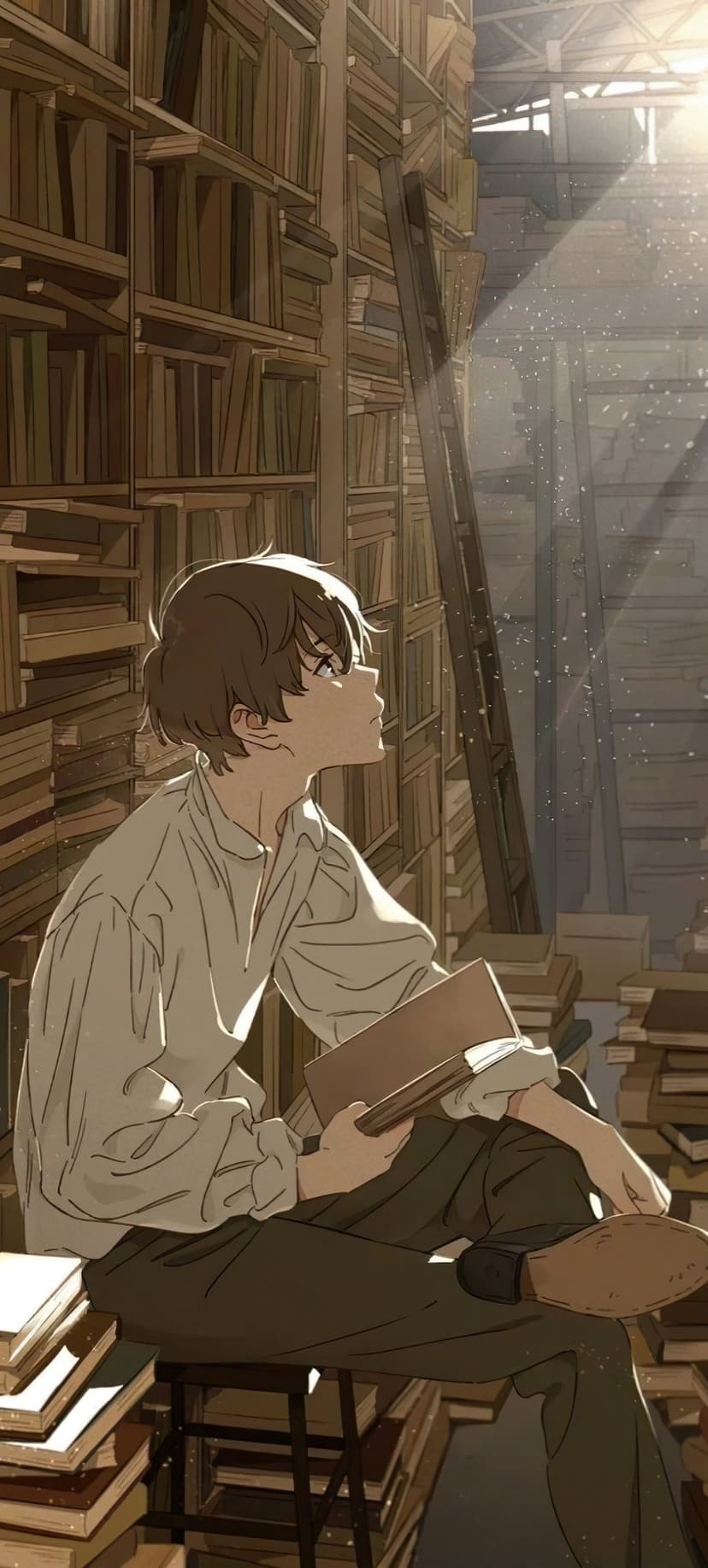Studious young man holds an open book while seated between tall wooden bookshelves in a hazy, sunlit room.
