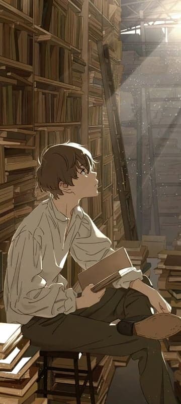 Young man reading in a dusty, sunlit library
