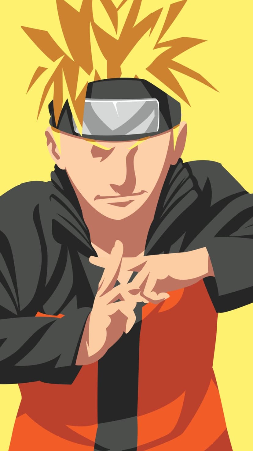Naruto Uzumaki stands in a focused jutsu pose with spiky blonde hair against a bright yellow background.