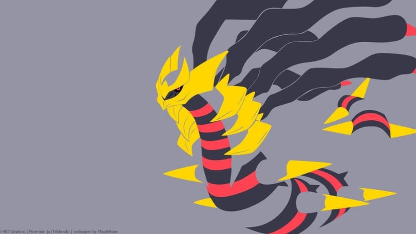 Giratina Origin Forme in flat vector style with golden armor and red stripes on a gray background.
