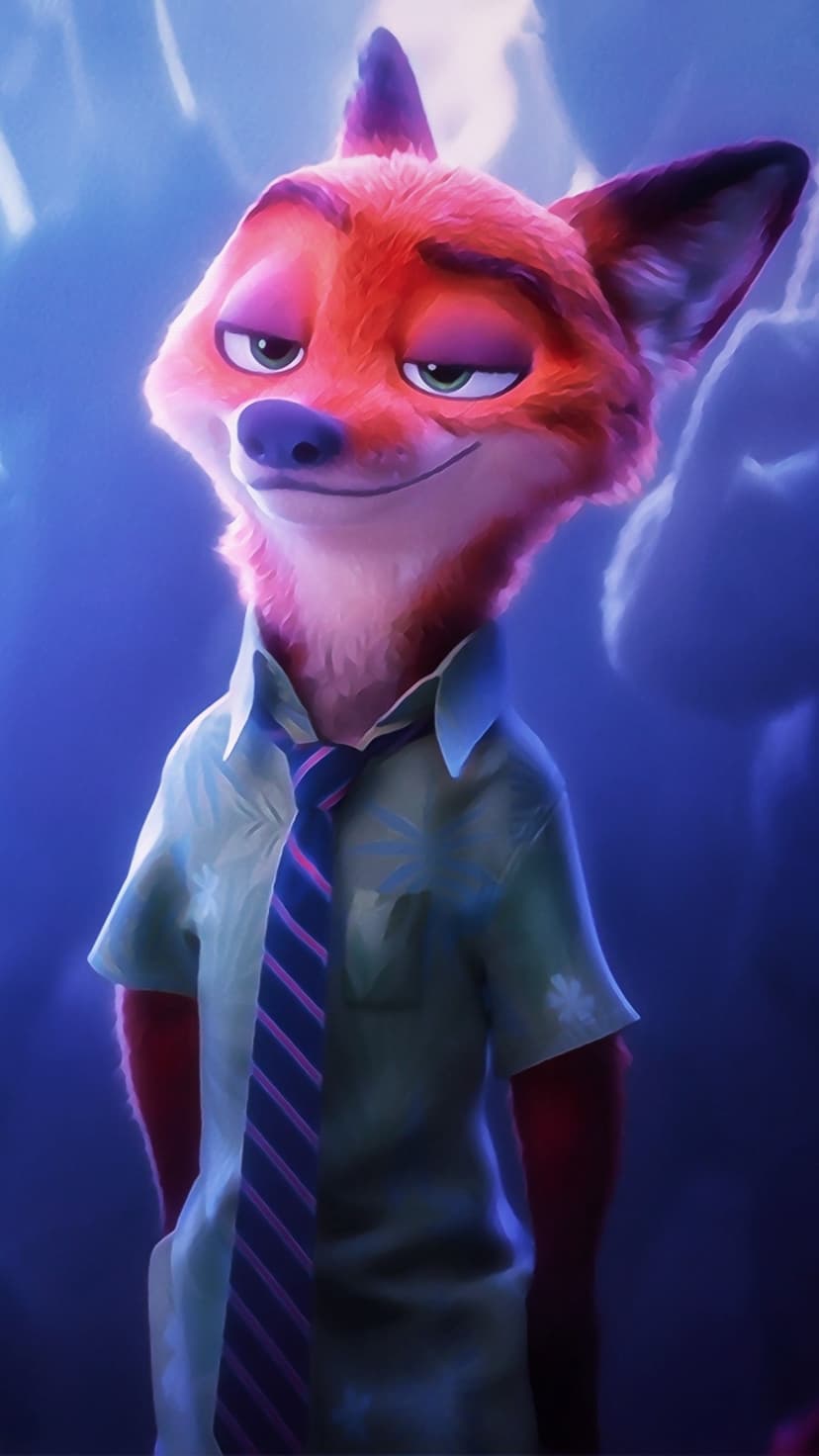 Nick Wilde wears a green shirt and striped tie while smirking against a dark blue background in a close-up.