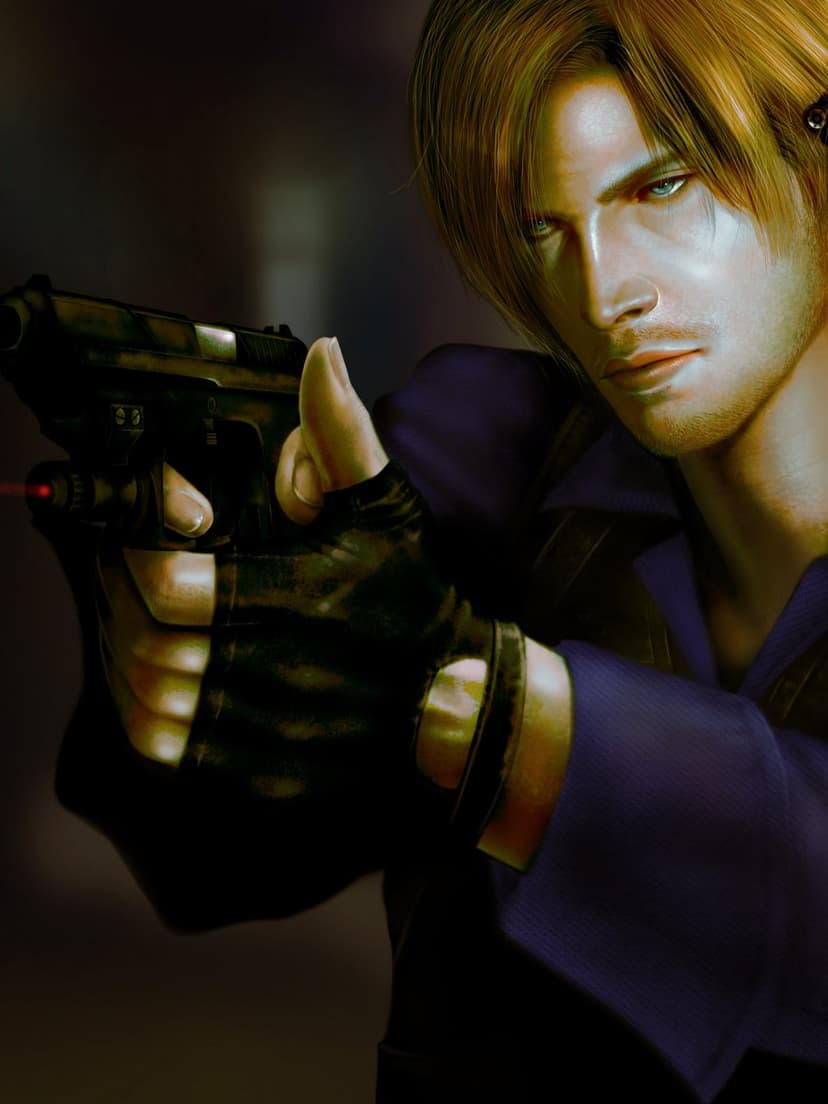 Leon S. Kennedy aims a pistol with a red laser sight in a dark, moody portrait with cinematic lighting.