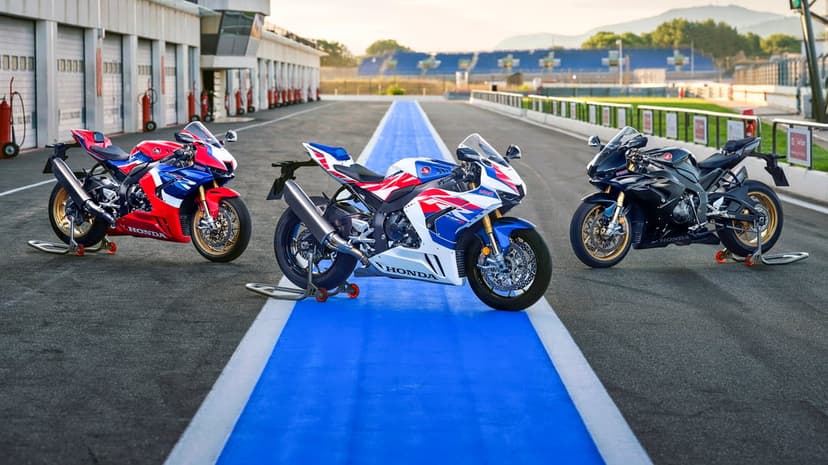 Honda CBR1000RR-R Fireblade SP motorcycles parked on a sunlit race track with blue pit lane markings and grandstands.