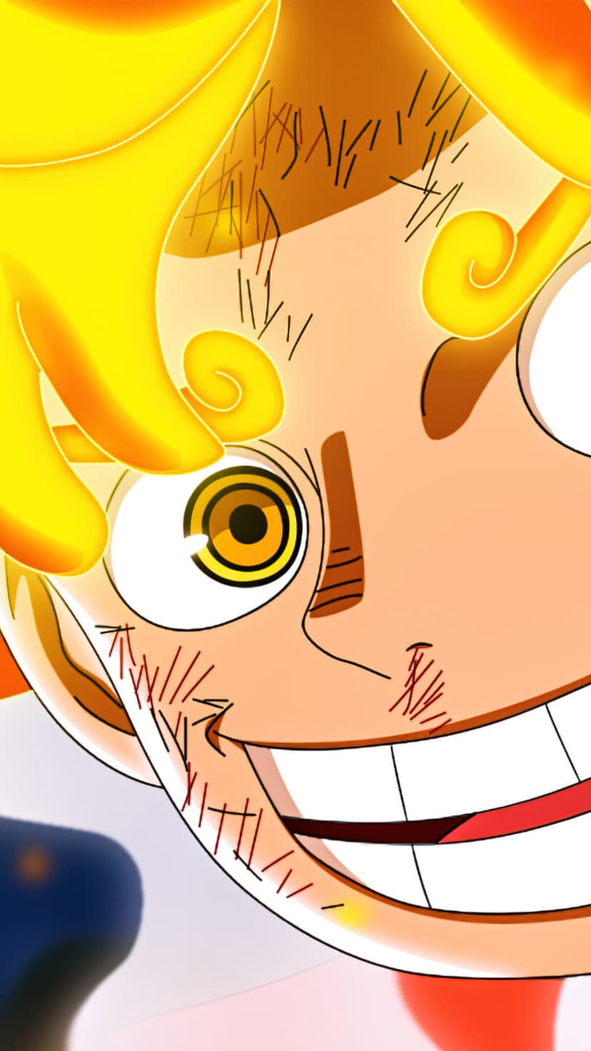 Monkey D. Luffy in Gear 5 form with cloud-like yellow hair, a wide grin, golden eyes, and battle scars.