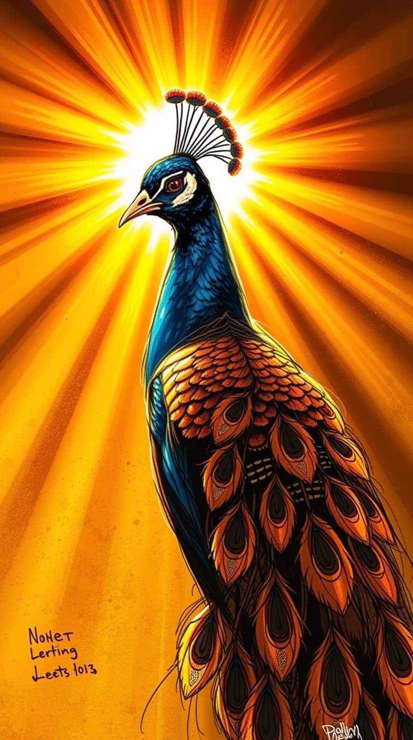 Peacock with vivid blue and orange plumage stands before a radiating gold sunburst with sharp feather detail.