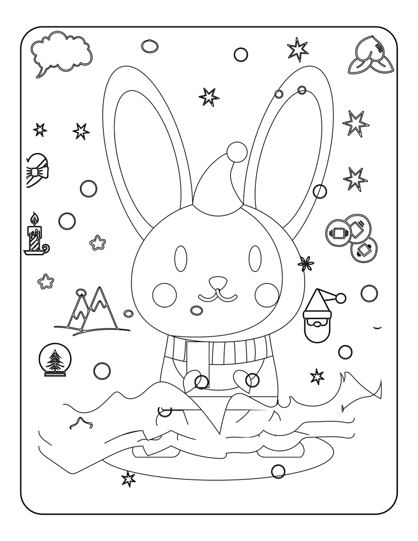 Rabbit coloring page wearing a scarf and Santa hat surrounded by winter motifs, stars, and snowy mountains.