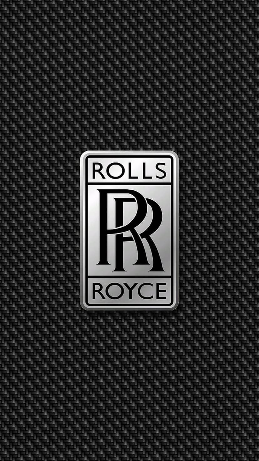 Rolls Royce intertwined R initials in polished silver centered on a dark, woven carbon fiber texture background.