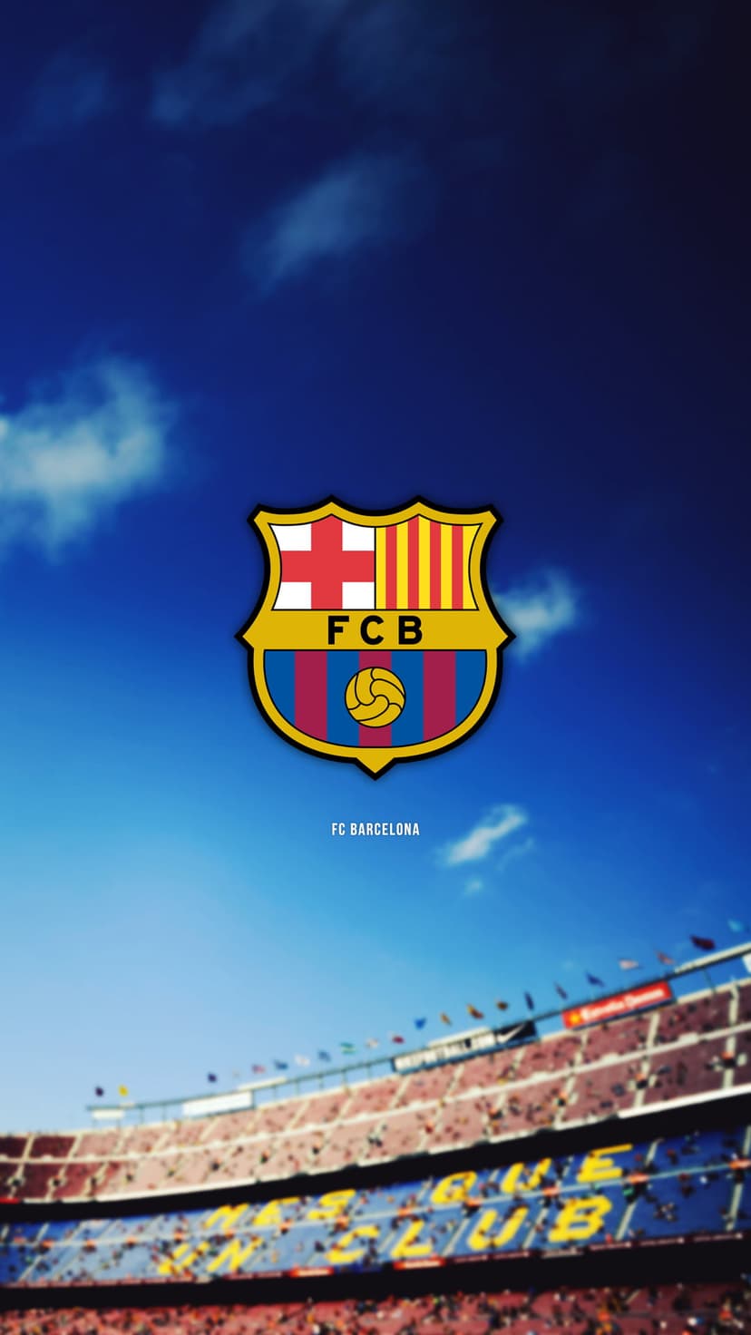 FC Barcelona crest and wordmark floating above a blurred stadium interior under a bright blue cloudy sky.