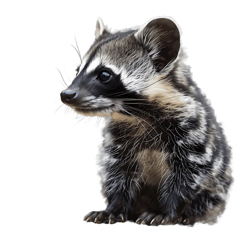 Civet mammal profile featuring striped facial markings and long whiskers isolated on a solid black background.