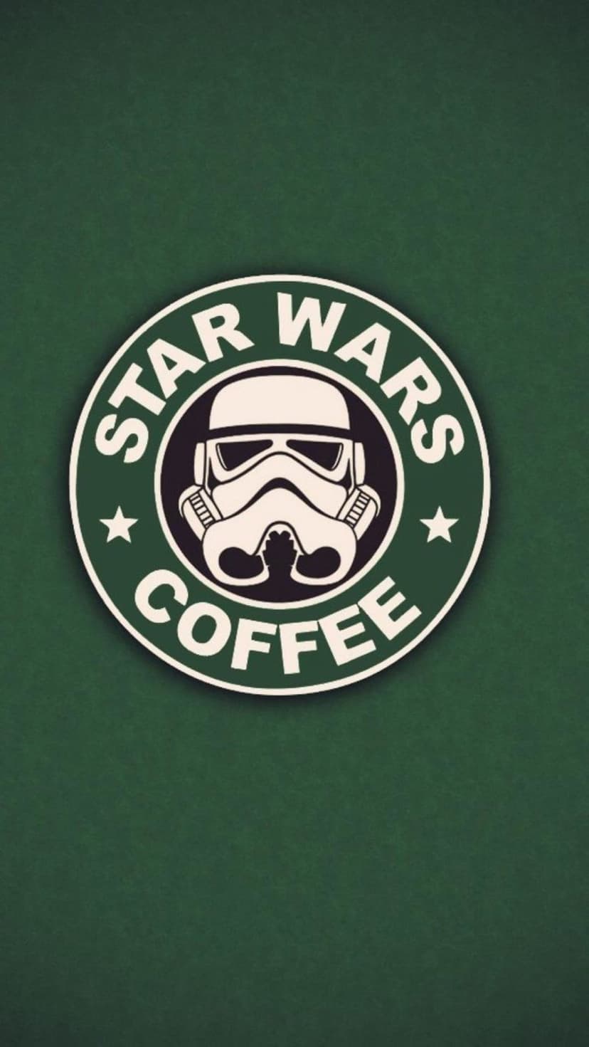 Stormtrooper helmet centered inside a green circular Star Wars Coffee logo emblem with white text on a black background