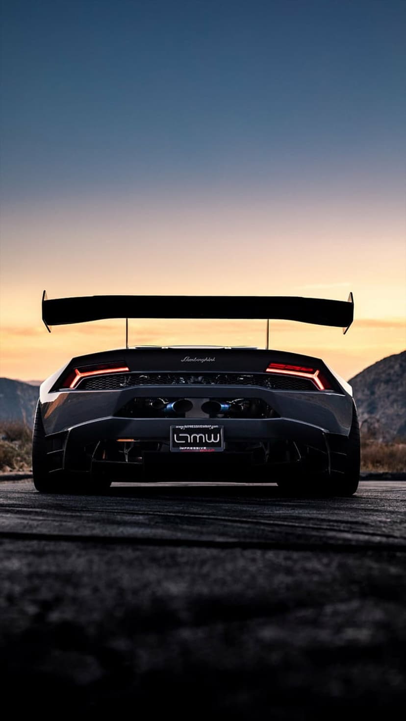 Black Lamborghini supercar with a large rear spoiler parked on an asphalt road during a vibrant mountain sunset.