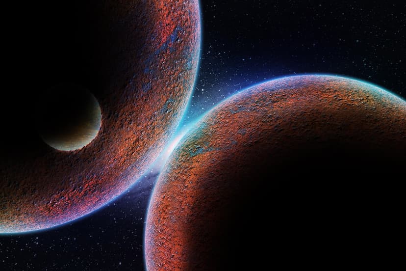 Two textured exoplanets with a cratered moon orbit in deep space, glowing where their surfaces nearly meet.