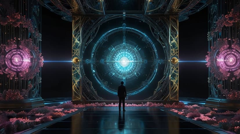 Man standing before a glowing circular blue portal in a metallic hall with pink lights and reflective floors.