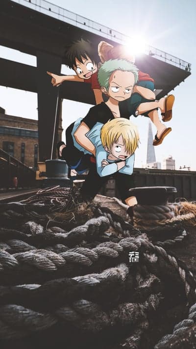 One Piece characters on ropes with urban background