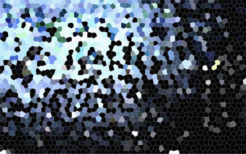Irregular geometric tiles in shades of sapphire and black create a mosaic gradient with thin dark outlines.