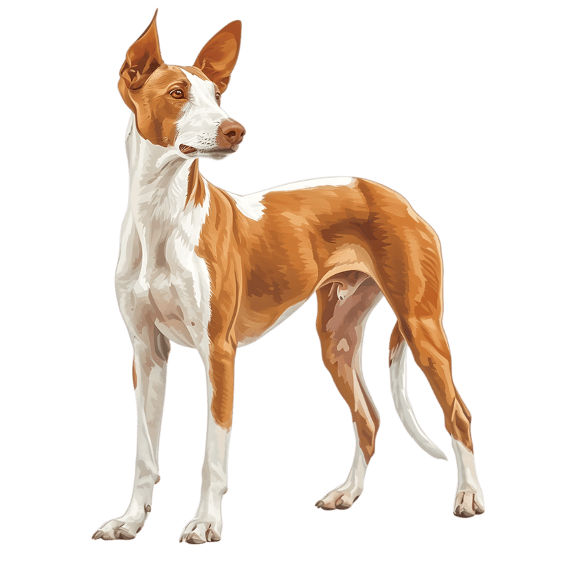 Ibizan Hound portrait featuring large erect ears and tan white coat standing alert in profile view illustration.
